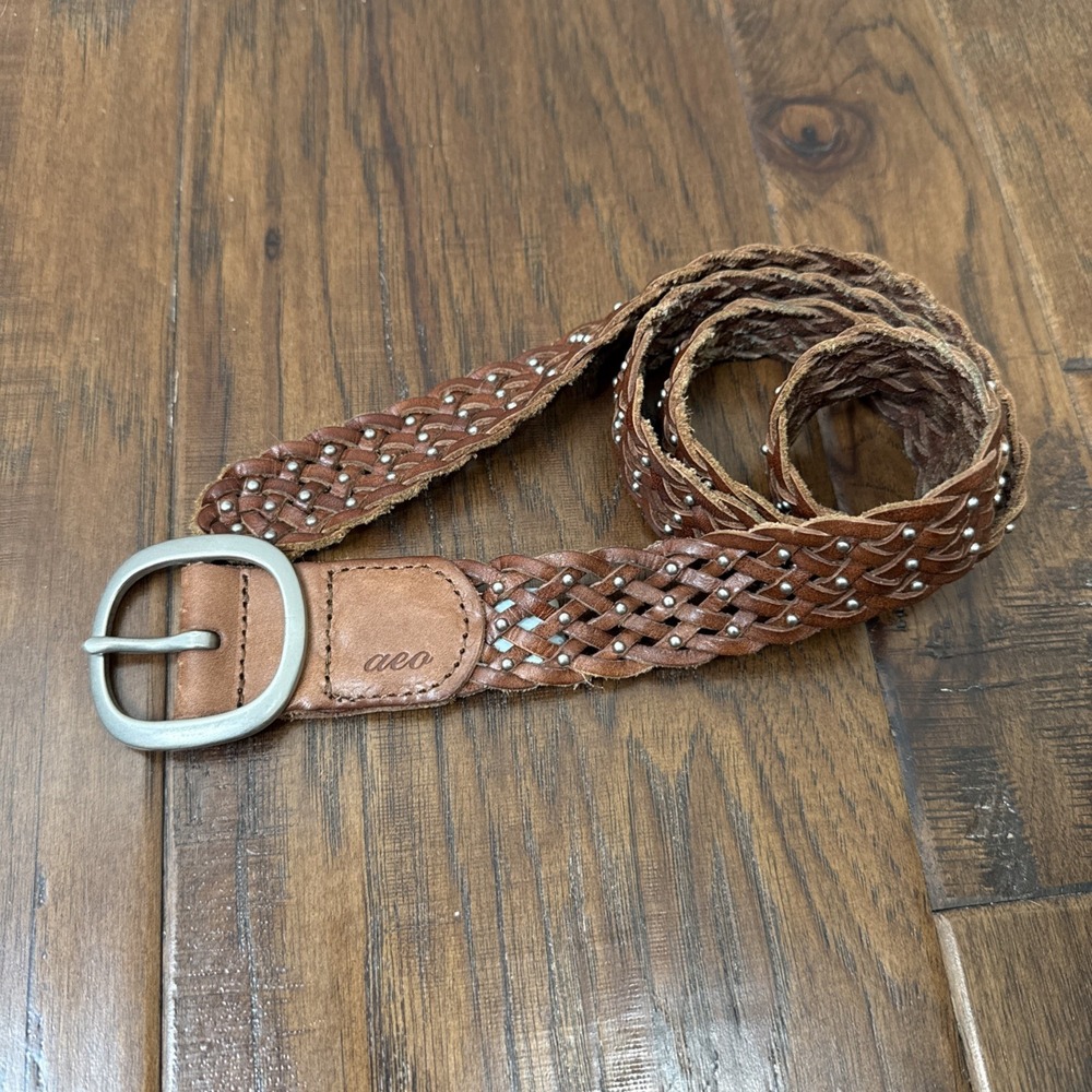 American Eagle Woven Studded Leather Belt Women S/M Brown Silver Braided Western